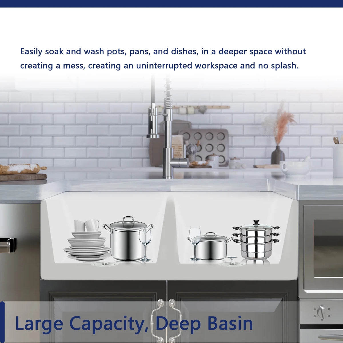 DeerValley Nova DV-1K503 Fireclay White Double Basin Farmhouse Kitchen Sink with Grid & Basket Strainer (33"L x 18"W x 10"H)