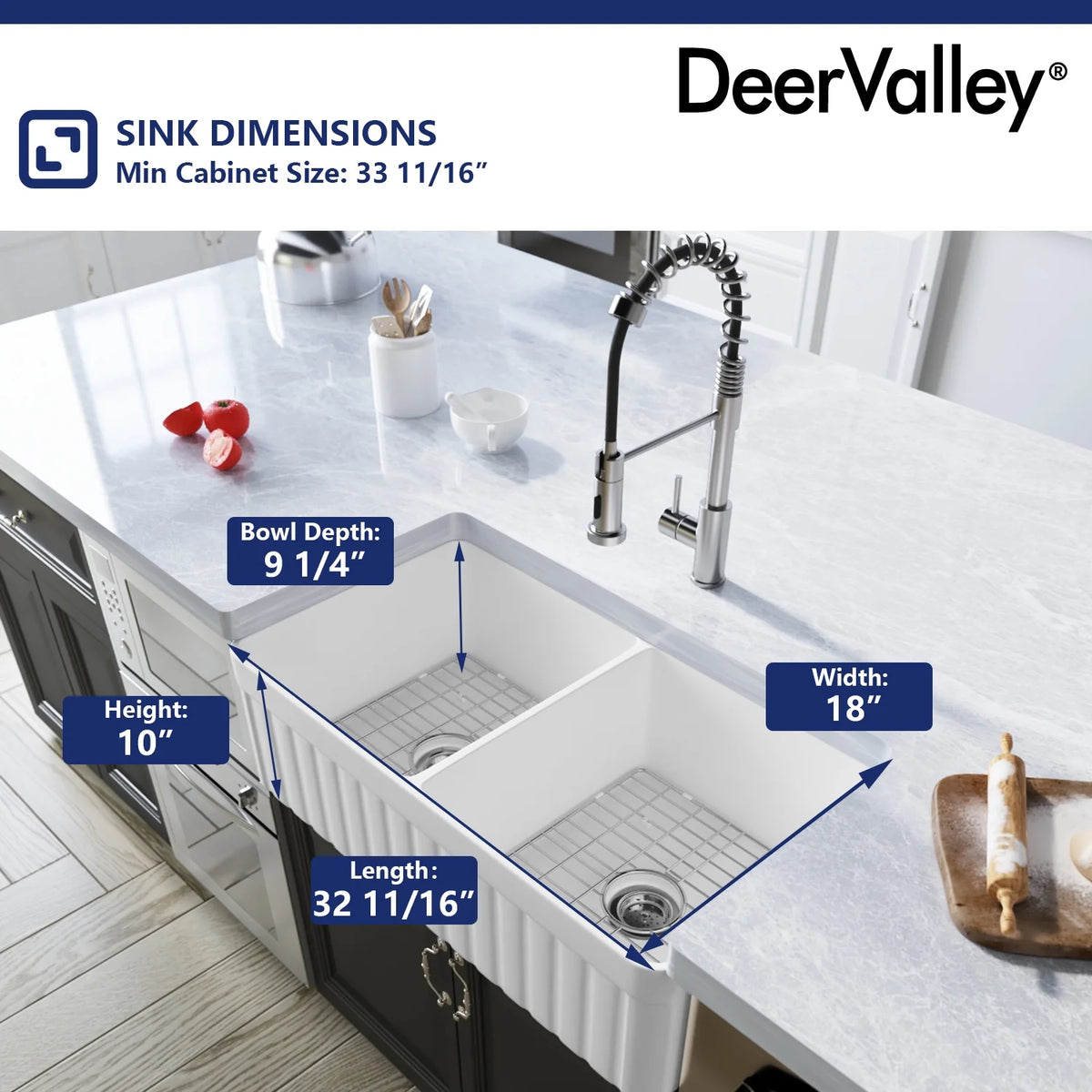 DeerValley Nova DV-1K503 Fireclay White Double Basin Farmhouse Kitchen Sink with Grid & Basket Strainer (33"L x 18"W x 10"H)