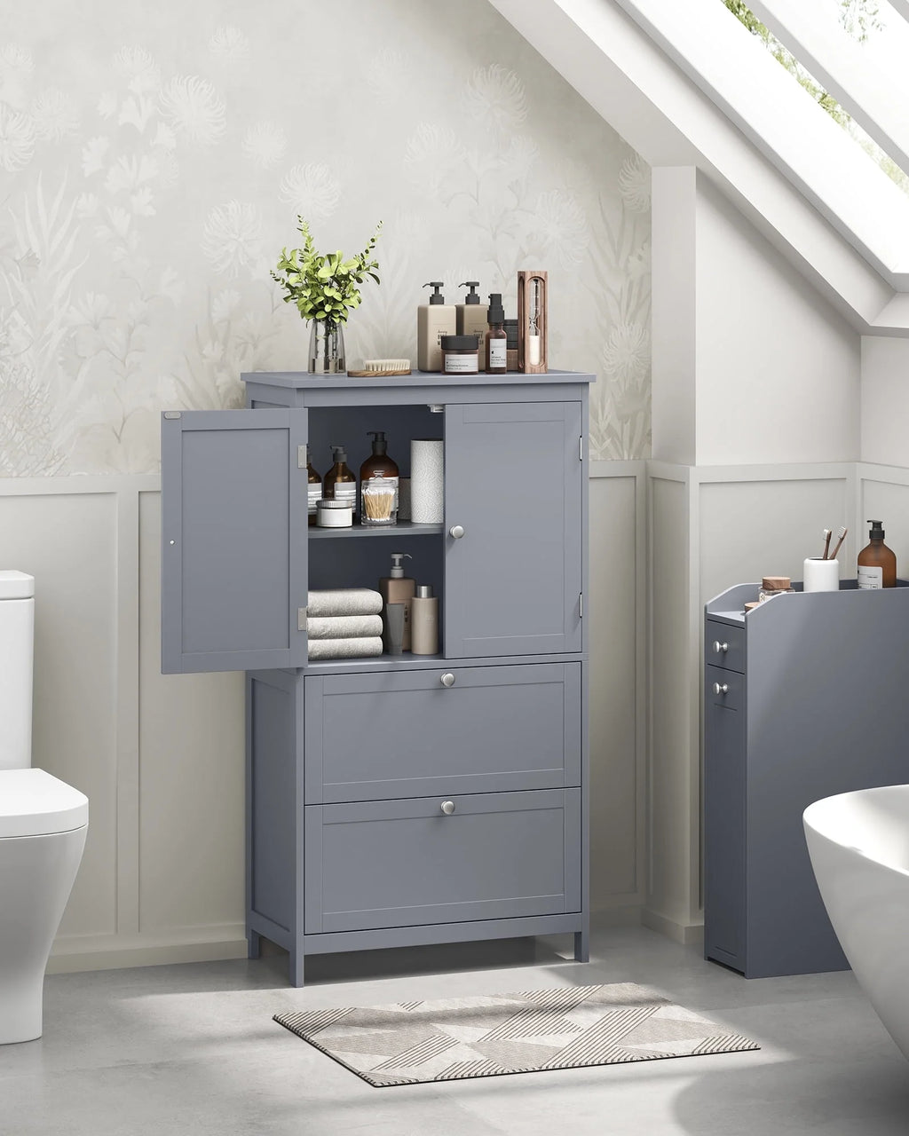 Meuble de rangement sur pied, unité de rangement, armoire indépendante avec 2 tiroirs et 2 portes, étagère réglable, 30 x 60 x 110 cm, blanc