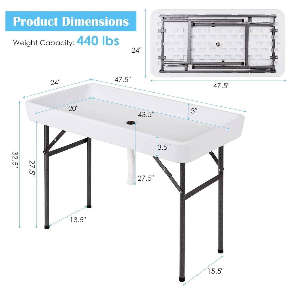 Table glacière pliante – Glacière à boissons portable, buffet avec jupe et système de drainage – Fête, pique-nique, barbecue, camping – Blanc 61 cm x 120,6 cm x 82,5 cm