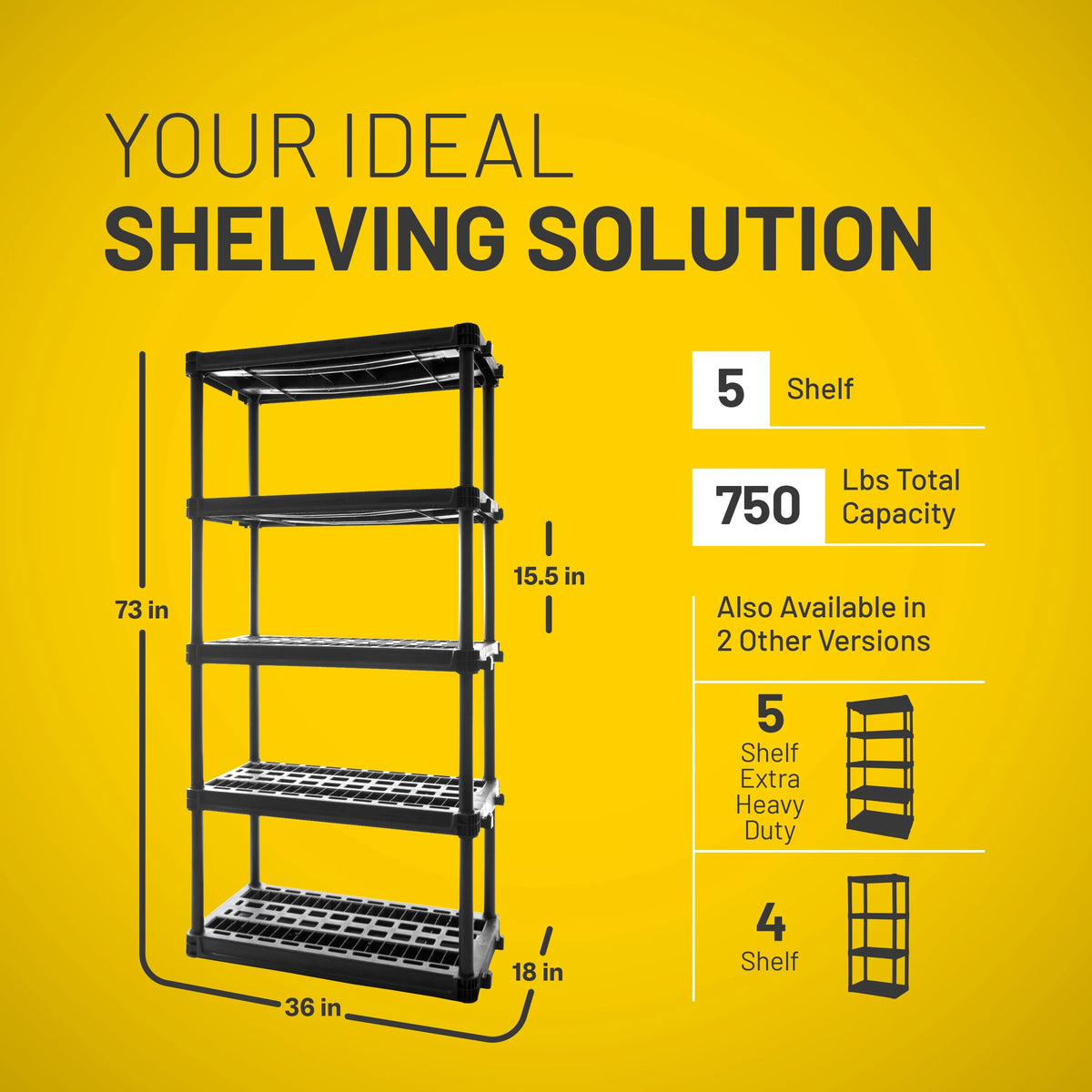 Plano 5-Shelf Heavy Duty Plastic Storage Shelves, 73 x 36 x 18, 750lb Capacity