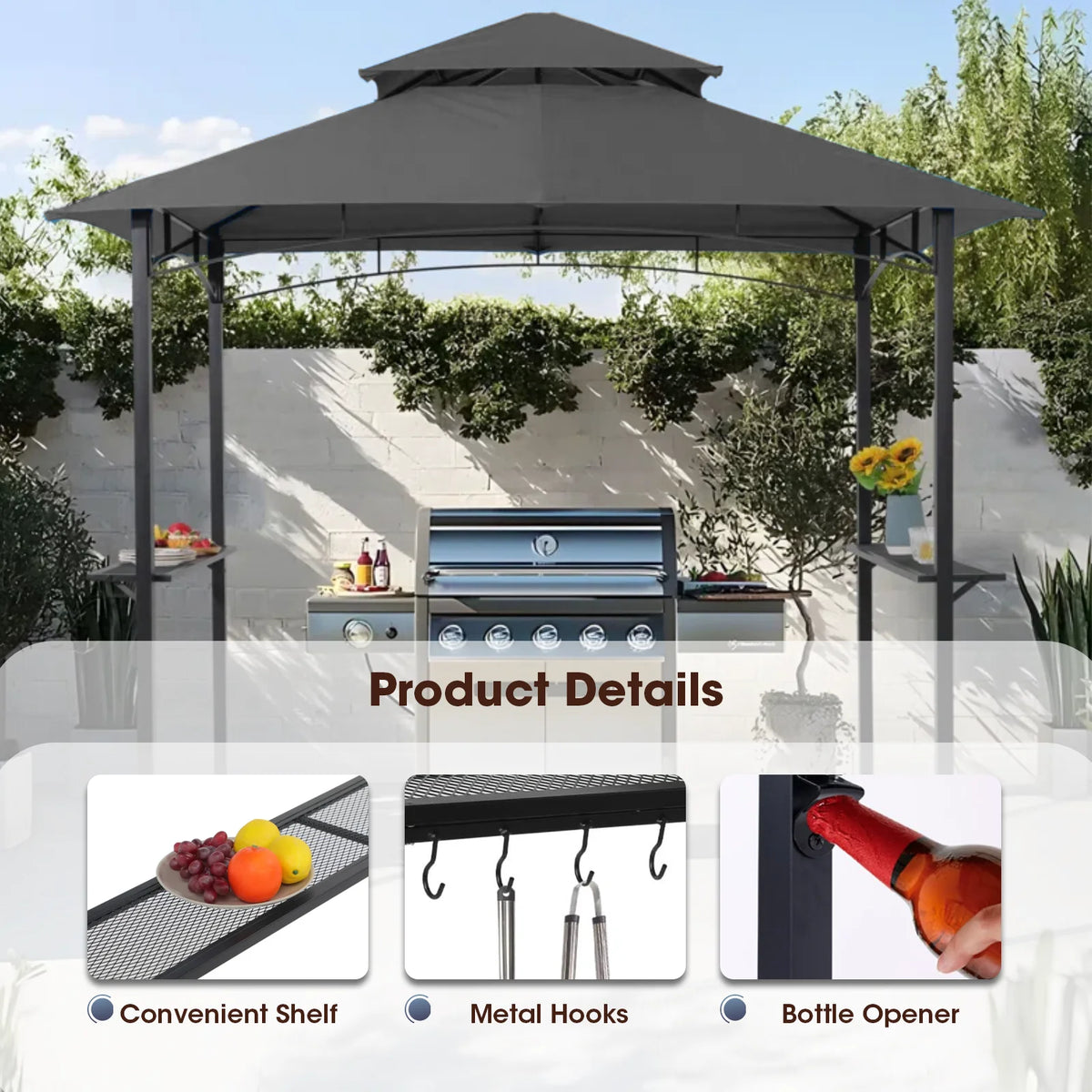Grezone Outdoor Grill Gazebo Tent BBQ Canopy for Outdoor Grill Shelter BBQ Grill Gazebo Hardtop (L96 x W60 x H101 Inch) Brown