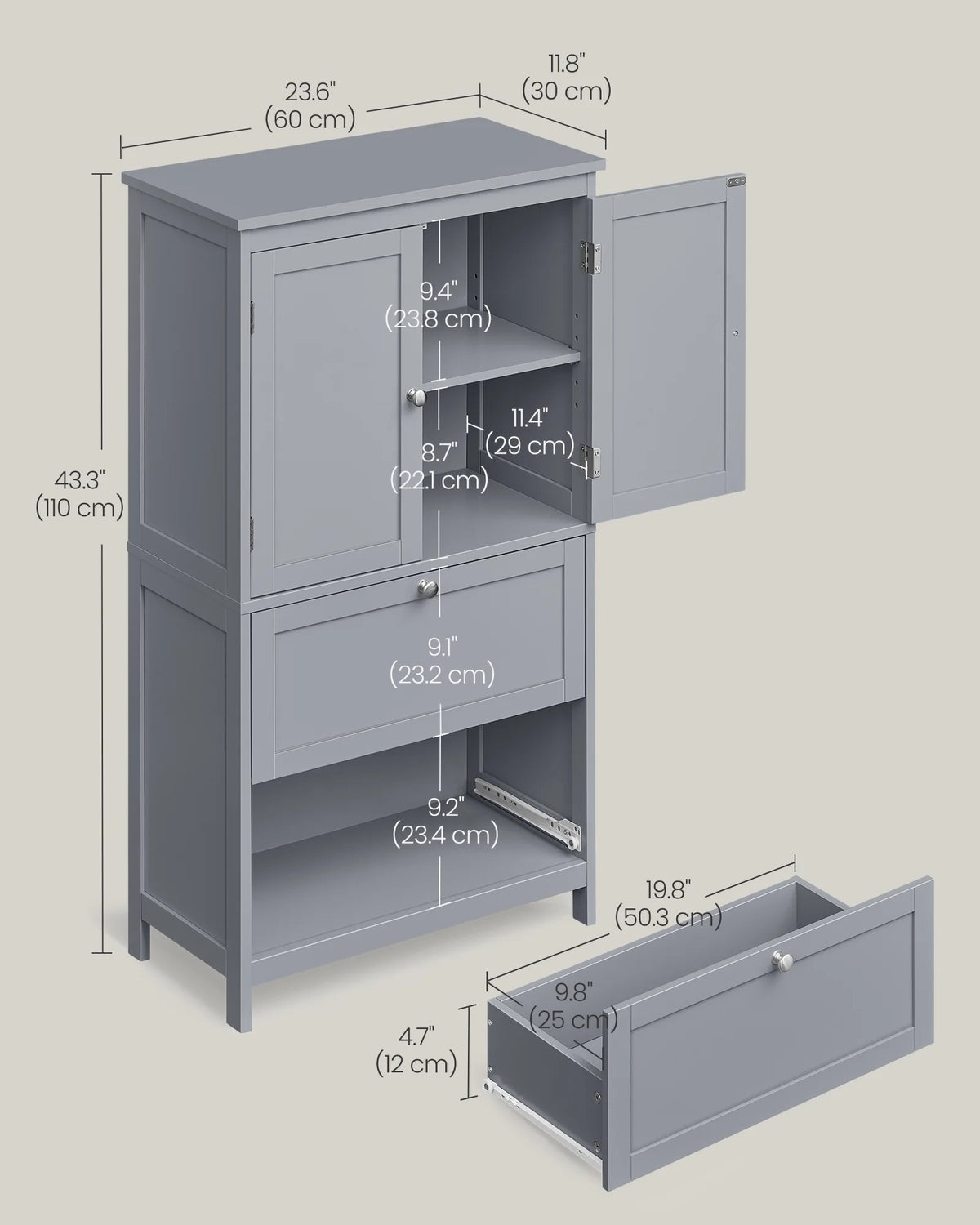 Meuble de rangement sur pied, unité de rangement, armoire indépendante avec 2 tiroirs et 2 portes, étagère réglable, 30 x 60 x 110 cm, blanc