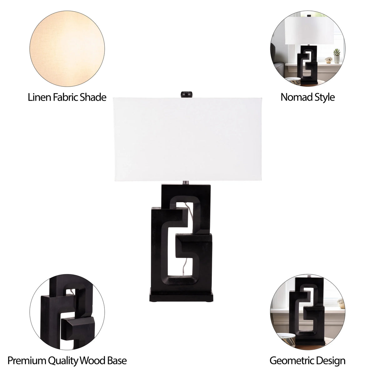 Sagebrook Home Modern Neutral Wood, 27"H Geometric Black Table Lamp - 18" x 10" x 27"