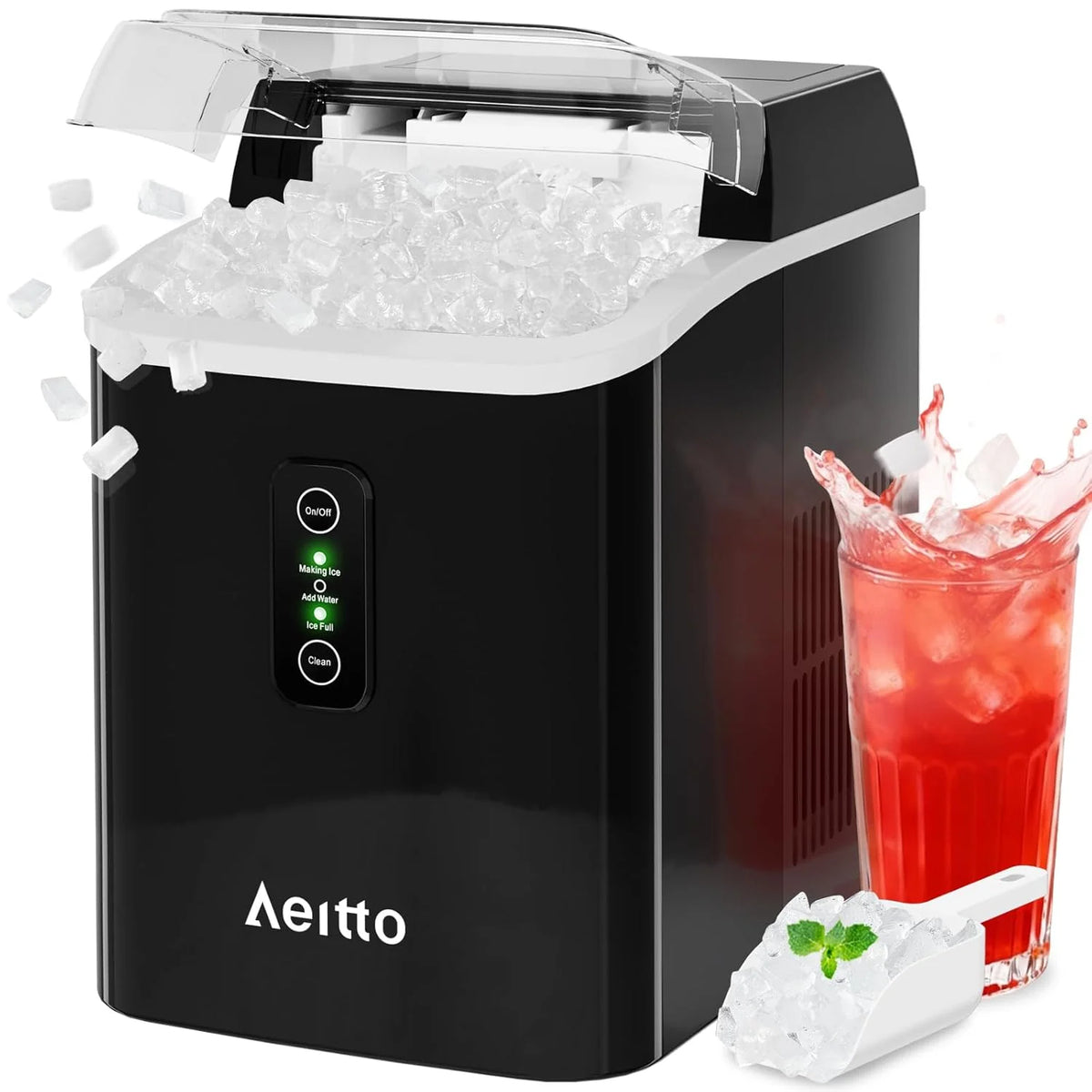Aeitto Nugget Ice Maker Countertop, 42lbs/24H Ice Machine with 1.5L Water Tank, Rapid Ice Release in 6 Mins, Self-Cleaning Pebble Ice Maker with Basket and Scoop for Home Office RV and Party, Silver