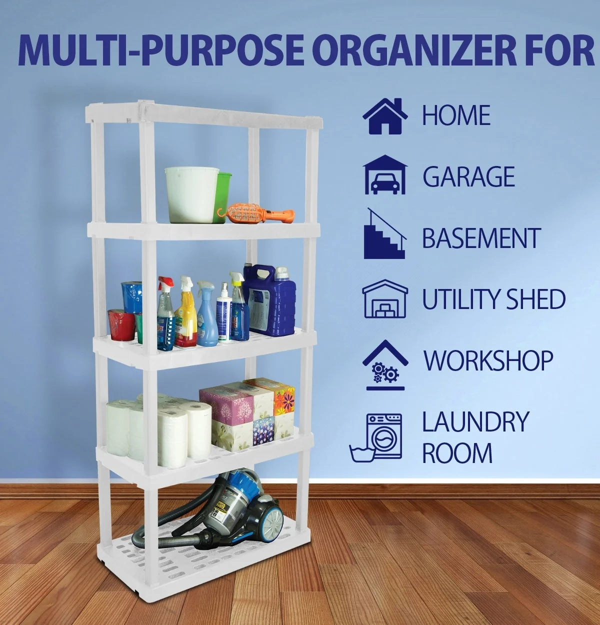 Oskar Plastic Storage Shelves 5-Tier Garage Organizer 74"H x 36"W x 18"D, White 750lb Capacity