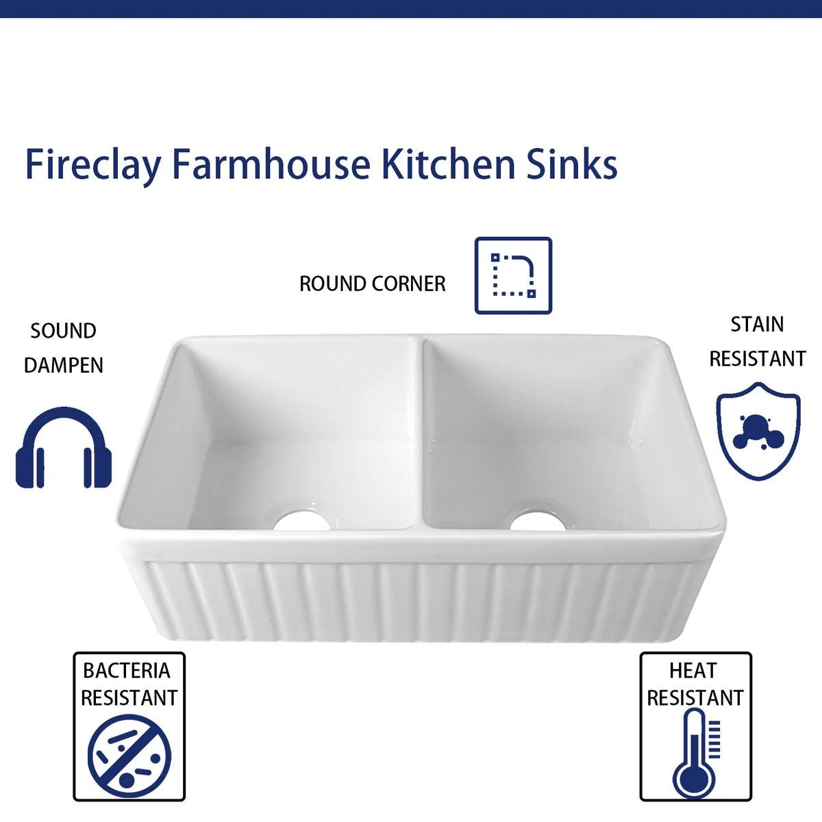 DeerValley Nova DV-1K503 Fireclay White Double Basin Farmhouse Kitchen Sink with Grid & Basket Strainer (33"L x 18"W x 10"H)