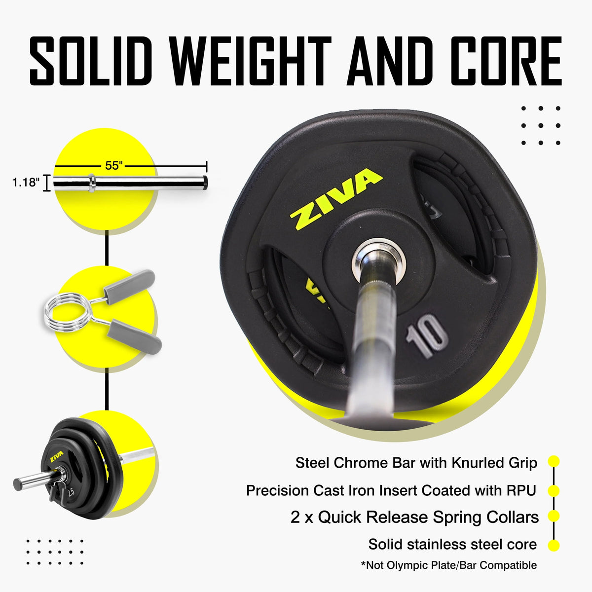 ZIVA RPU Studio Barbell Adjustable Weight Set - 6 High Grade RPU Coated Grip Plates (2 x 2.5lb, 2 x 5lb, 2 x 10lb) 1.18" D Steel Chrome Bar (55"L x 4.4lb) 2 x Spring Collars Ships in Two Parts