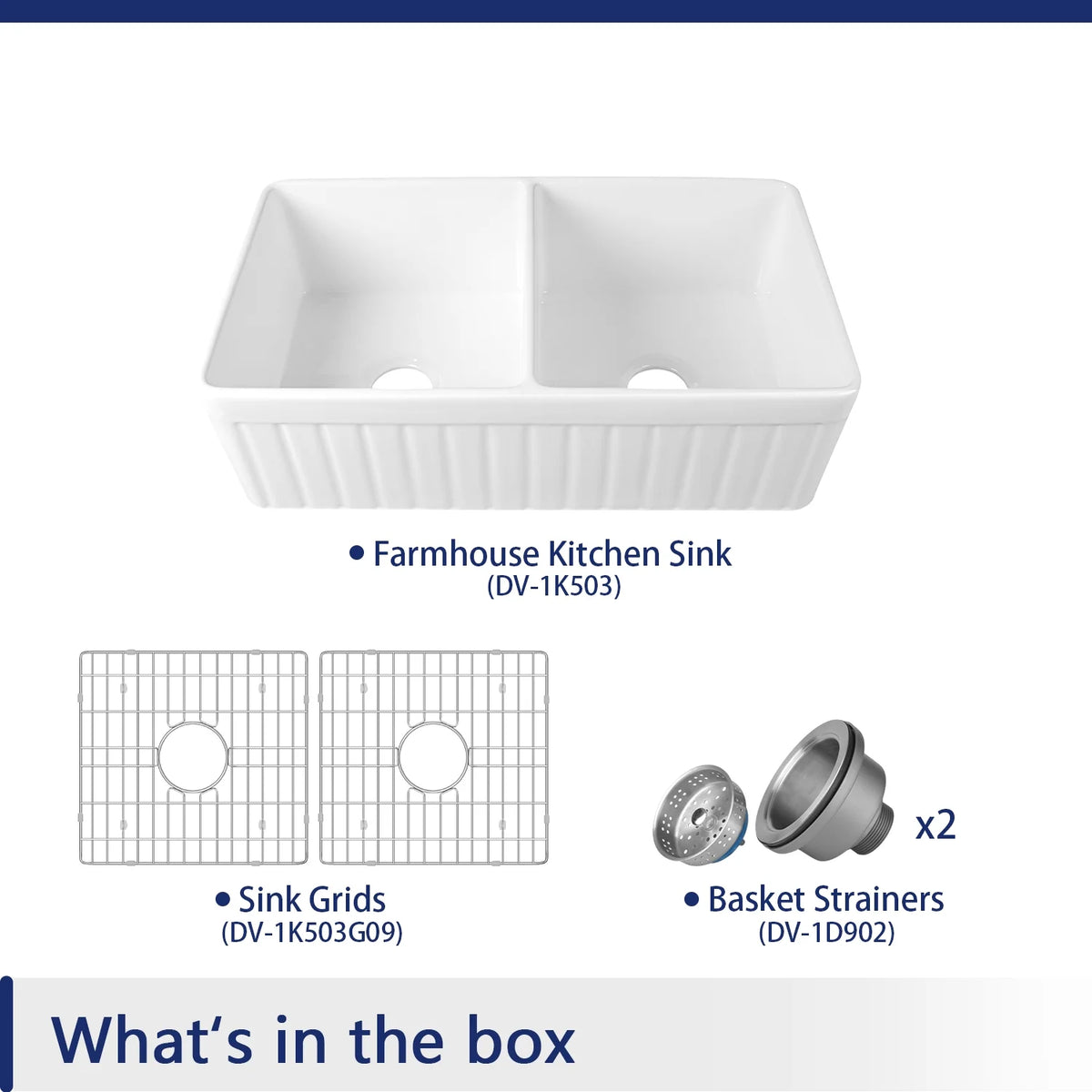 DeerValley Nova DV-1K503 Fireclay White Double Basin Farmhouse Kitchen Sink with Grid & Basket Strainer (33"L x 18"W x 10"H)