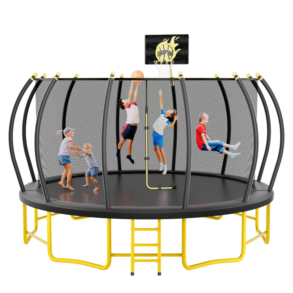 Triple Tree Trampoline with Enclosure, Black/Yellow, 63.78"x 17.72" x 8.66"