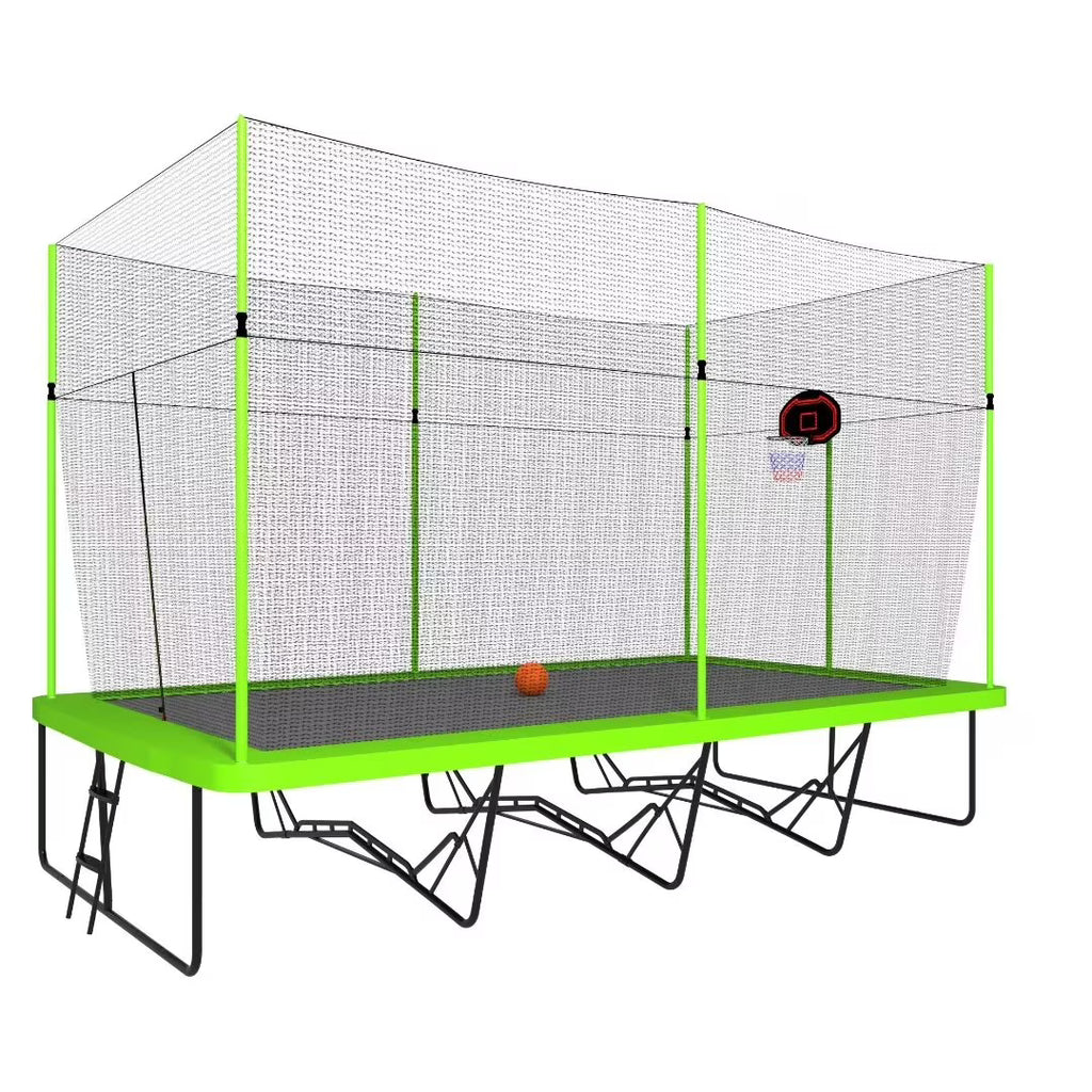 Triple Tree Rectangular Trampoline with Basketball Hoop, Green, 204.00" x 120.00" x 141.00"
