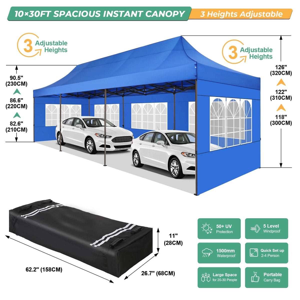 HOTEEL 10ft x 30ft Khaki Pop Up Outdoor Canopy, Waterproof