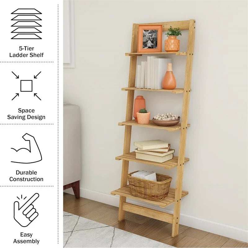 5 Tier Bookshelf Leaning Ladder Shelf Decorative Book Shelves for Bedroom - 11.5"D x 16.25"W x 50"H Cherry