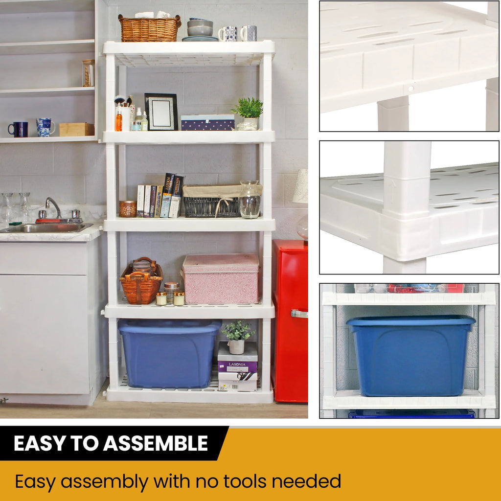 Hyper Tough 74" H x 18" D x 36" W 5 Shelf Plastic Garage Shelves, Storage Shelving, White 750 lbs Capacity