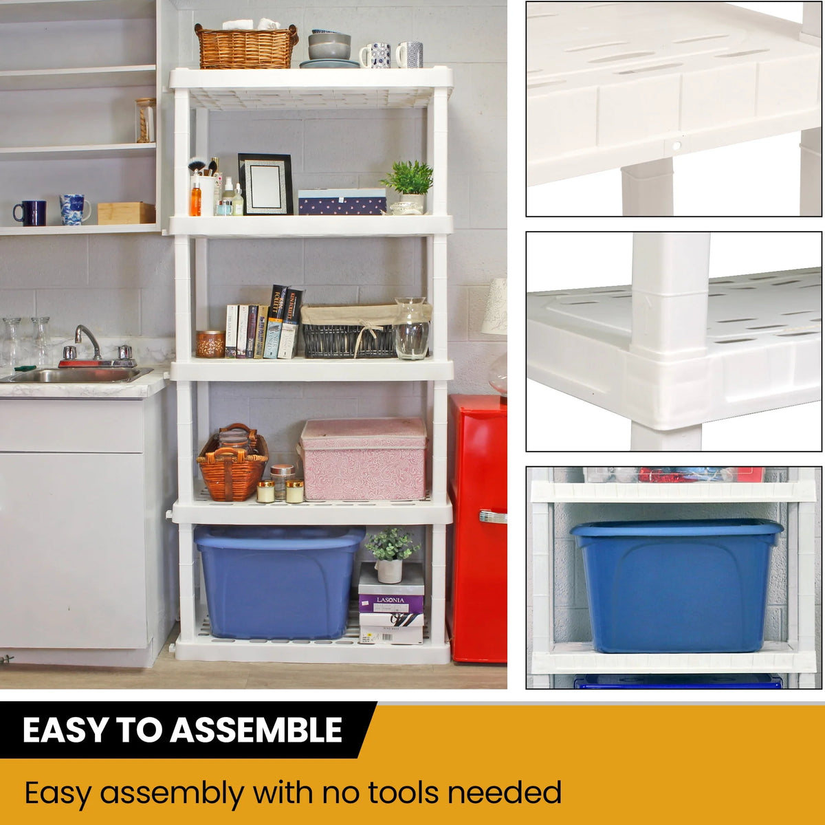 Hyper Tough 74" H x 18" D x 36" W 5 Shelf Plastic Garage Shelves, Storage Shelving, White 750 lbs Capacity