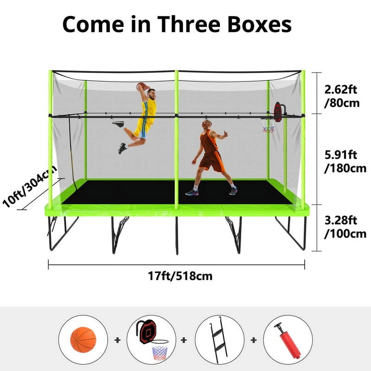 Voqoomkl Rectangle Trampoline with Basketball Hoop for Kids and Adults, Green, 204.00" x 120.00" x 141.00"