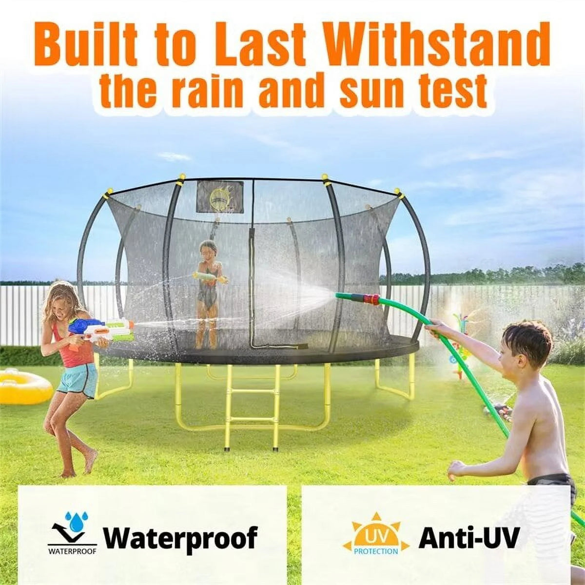 Triple Tree Trampoline with Enclosure, Black/Yellow, 63.78"x 17.72" x 8.66"