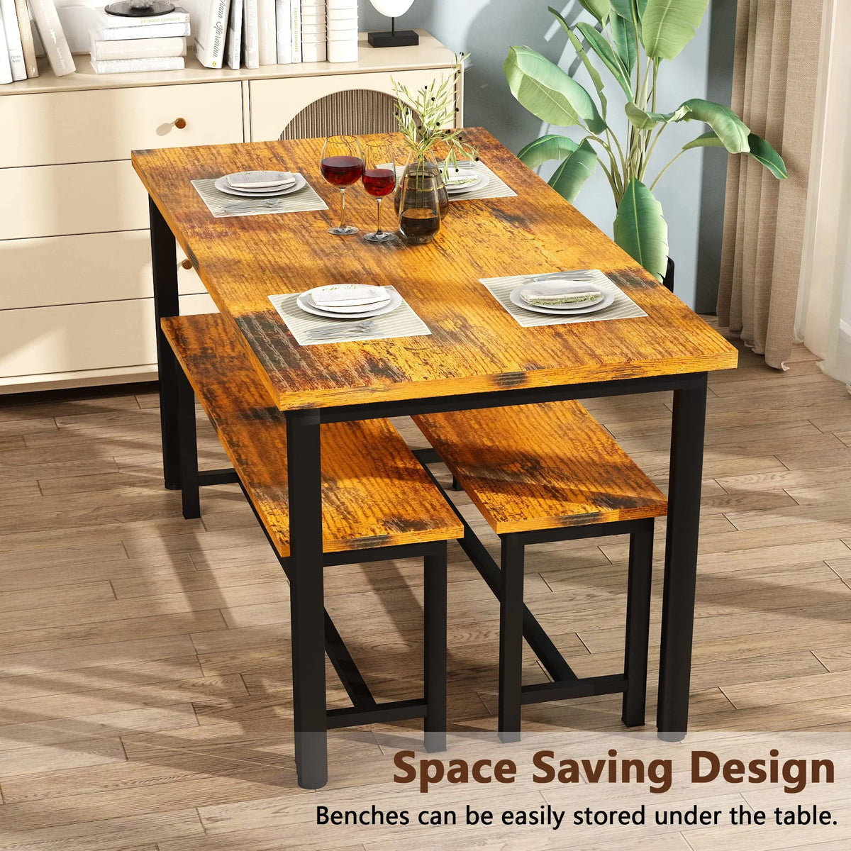AWQM Dining Table Set with Two Benches, Kitchen Table Set for 4-6 Persons, Kitchen Table of 43.4 x 23.7 x 28.6 Inches, Bench of 38.6 x 11.9 x 17.6 Inches Each, Rustic Brown and Black