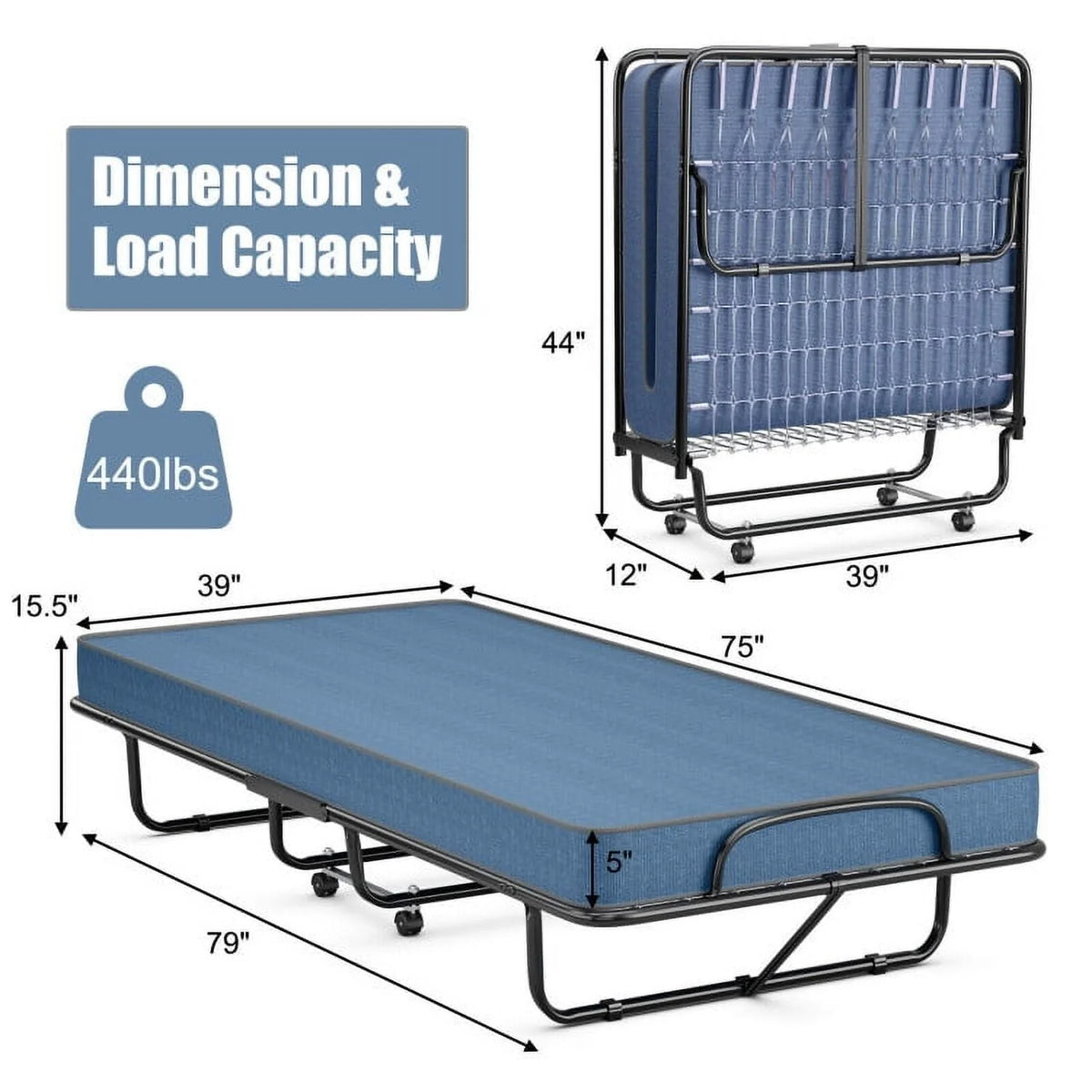 Folding Bed with Memory Foam Mattress, Rollaway Guest Metal Frame for Kids Adults, Portable Sleeping Spare for Bedroom Office, Easy Assembly, 79" x 39"x 15.5"