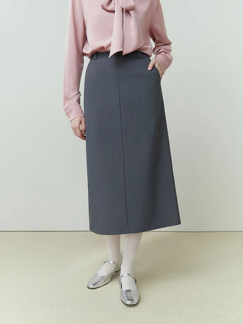 FSLE Simple Office Lady Skirt For Women Solid Color High-Waisted Simple High-Grade Medium-Length Grey White Skirt For Women