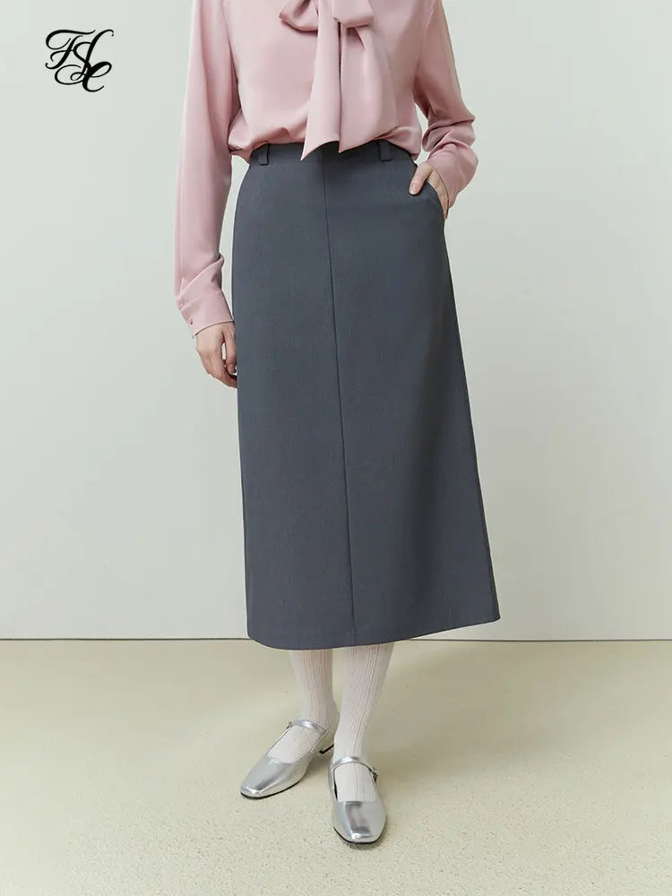 FSLE Simple Office Lady Skirt For Women Solid Color High-Waisted Simple High-Grade Medium-Length Grey White Skirt For Women