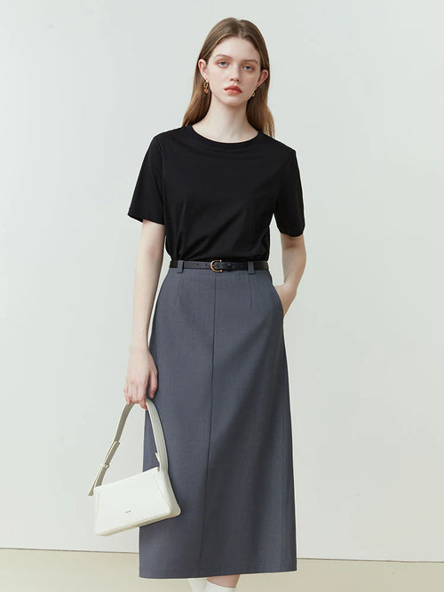 FSLE Simple Office Lady Skirt For Women Solid Color High-Waisted Simple High-Grade Medium-Length Grey White Skirt For Women