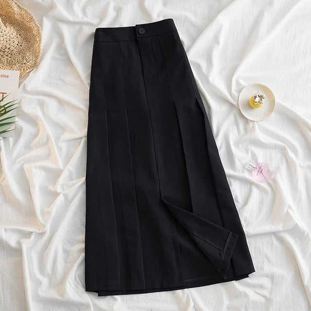 Lucyever Black Gray Pleated Long Skirt for Women 2023 Spring Japanese Style High-Waist Skirts Woman Office Streetwear Midi Skirt
