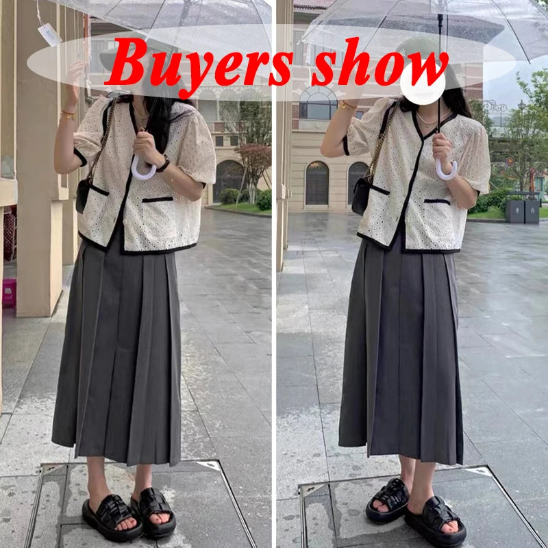 Lucyever Black Gray Pleated Long Skirt for Women 2023 Spring Japanese Style High-Waist Skirts Woman Office Streetwear Midi Skirt