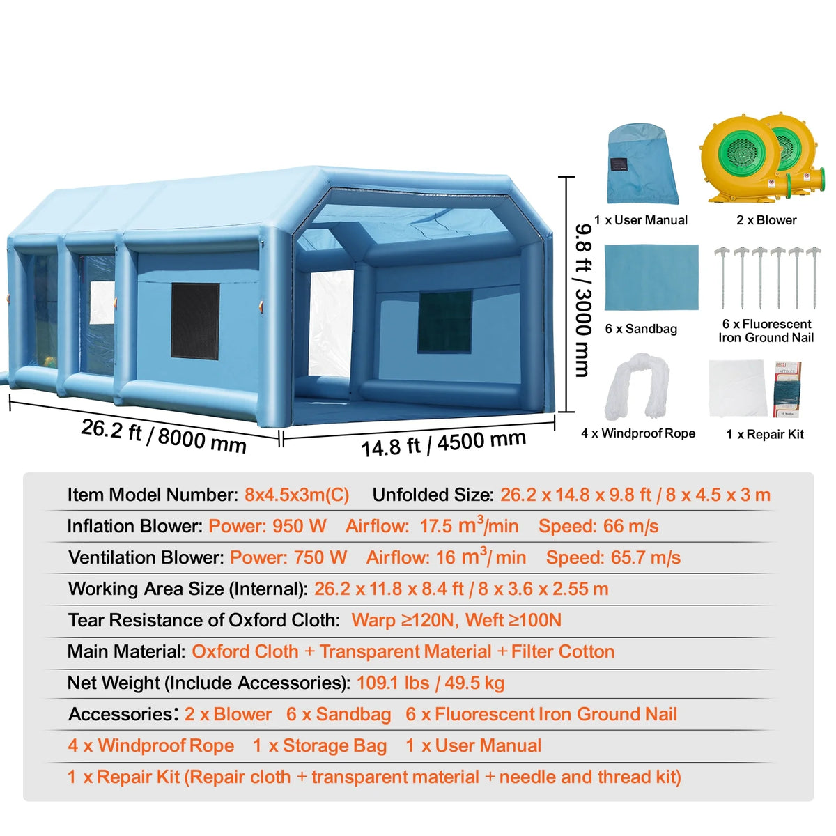 KFFKFF Inflatable Paint Booth, Dimensions 26.2 x 14.8 x 9.8 ft, Suitable for Small Trucks, Equipped with 950W+750W Robust Air Movers and Air Purification Mechanism