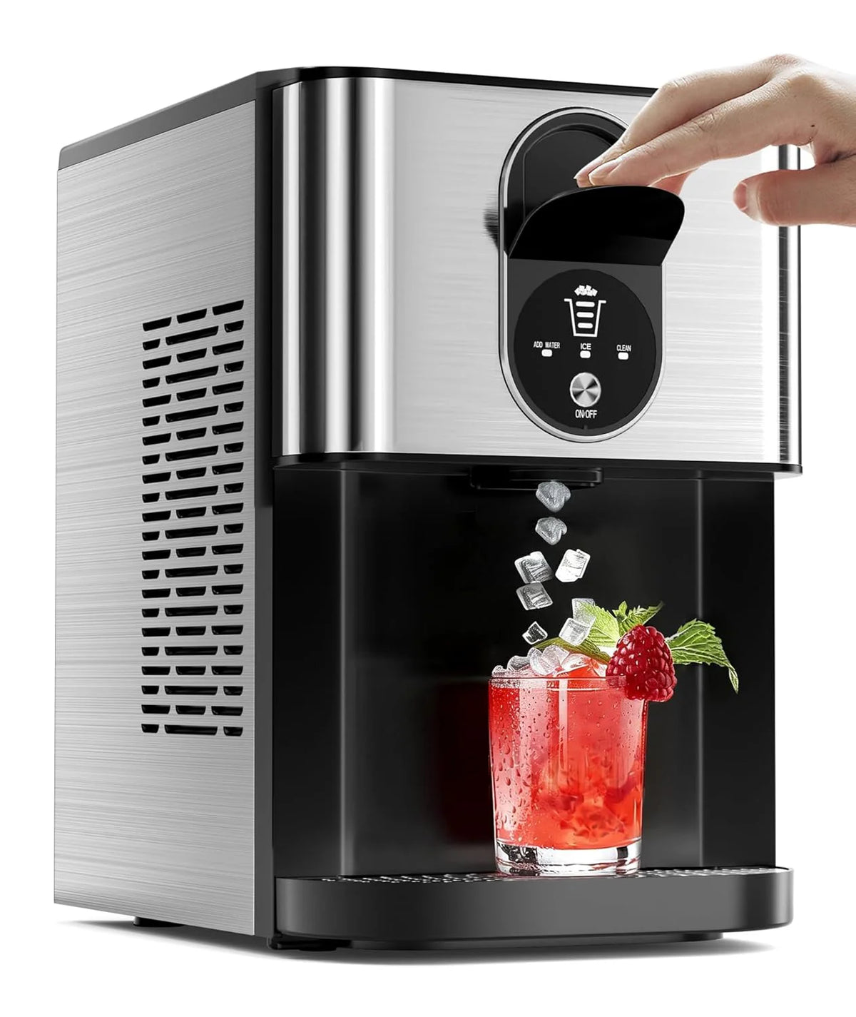 Antarctic Star Nugget Ice Maker Countertop with Soft Chewable Ice, 44Lbs/24H Portable Pellet Ice Machine with Self-Cleaning, One-Click Operation, for Home/Kitchen/Office, Stainless Steel, Black
