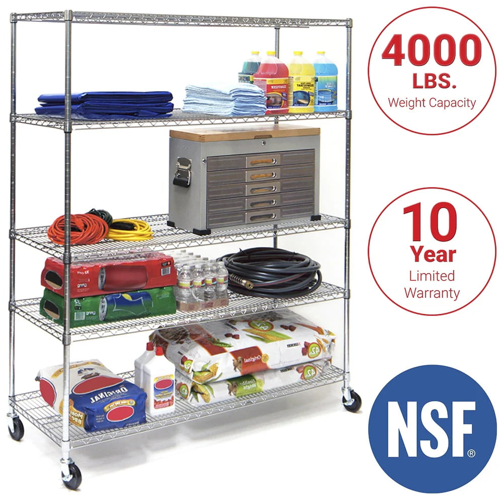 Seville Classics 60"W x 24"L x 72"H 5-Shelf Steel Wire Freestanding Shelves, Silver