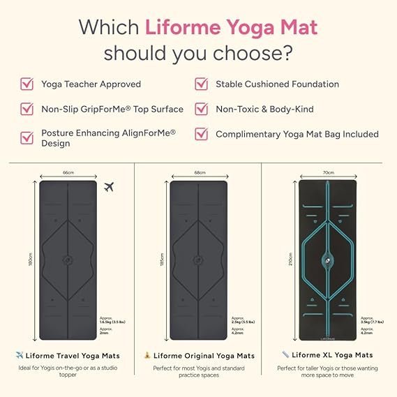 Liforme Original Yoga Mat – Free Yoga Bag Included – Patented Alignment System, Warrior-like Grip, Non-slip, Eco-friendly, sweat-resistant, long, wide, 4.2mm thick mat for comfort