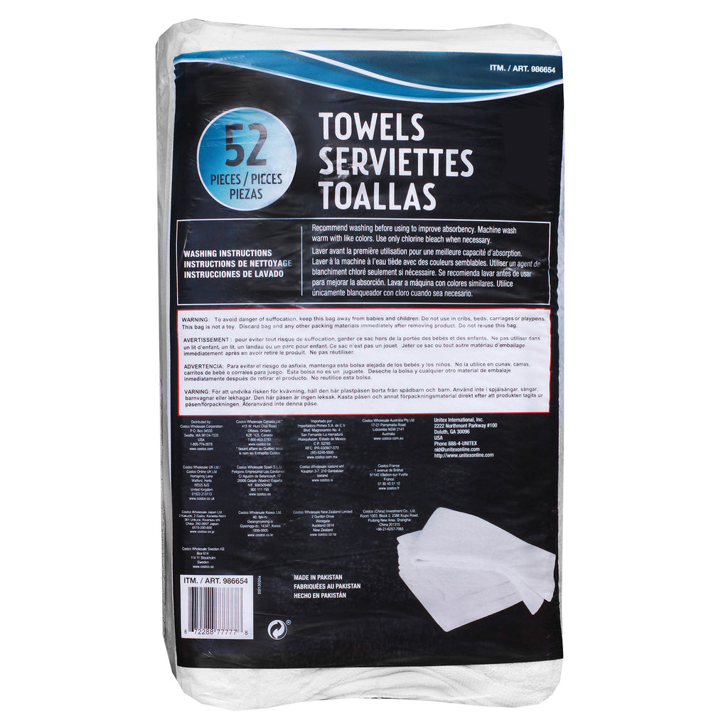 Unitex 100% Cotton Towel, White, 14 in x 17 in, 52-count