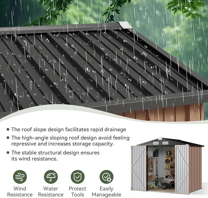 Aoxun 6.2×4 FT Shed Outdoor Storage Shed with Lockable Doors & Slooping Roof Metal Garden Tool Shed for Backyard, Patio, Poolside (Brown)