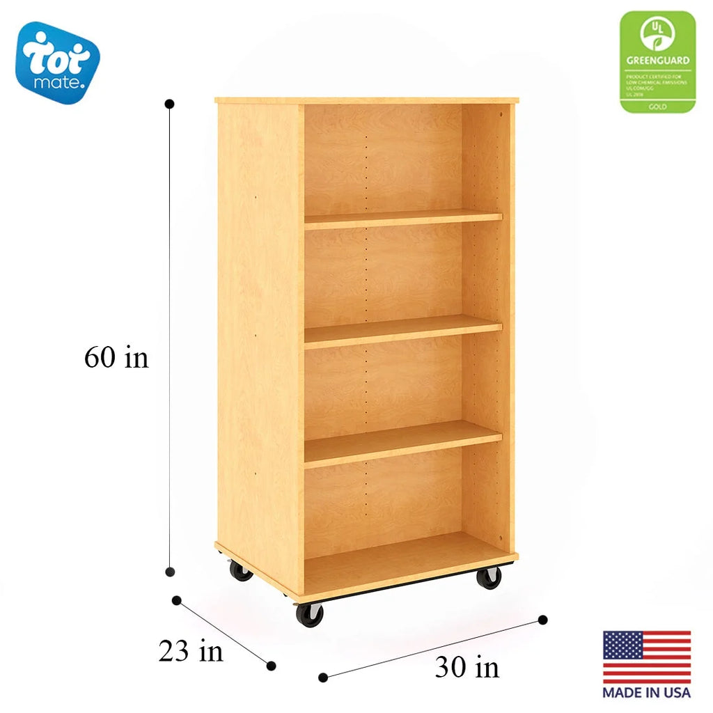 Tot Mate Open Double Sided 3 Tier Mobile Shelves Wooden Classroom Bookcase, Red, 36"W x 23"D x 48"H