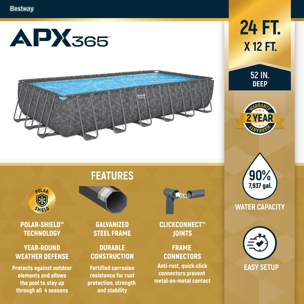 Piscine hors-sol rectangulaire Bestway APX 365 de 31 pi 4 po x 16 pi x 52 po