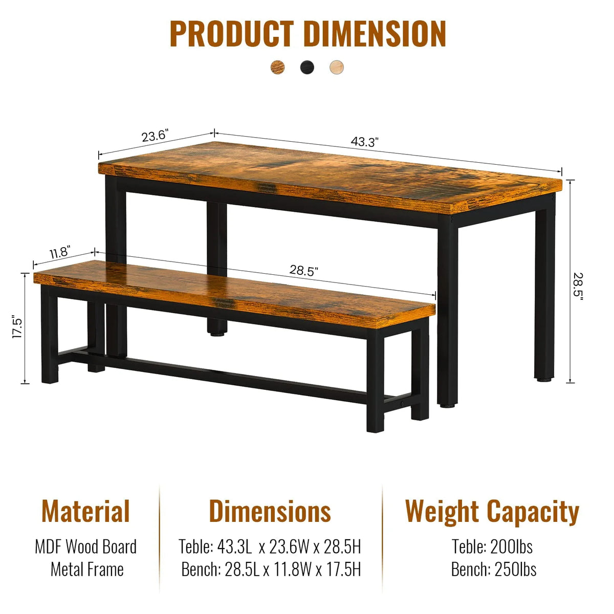 AWQM Dining Table Set with Two Benches, Kitchen Table Set for 4-6 Persons, Kitchen Table of 43.4 x 23.7 x 28.6 Inches, Bench of 38.6 x 11.9 x 17.6 Inches Each, Rustic Brown and Black