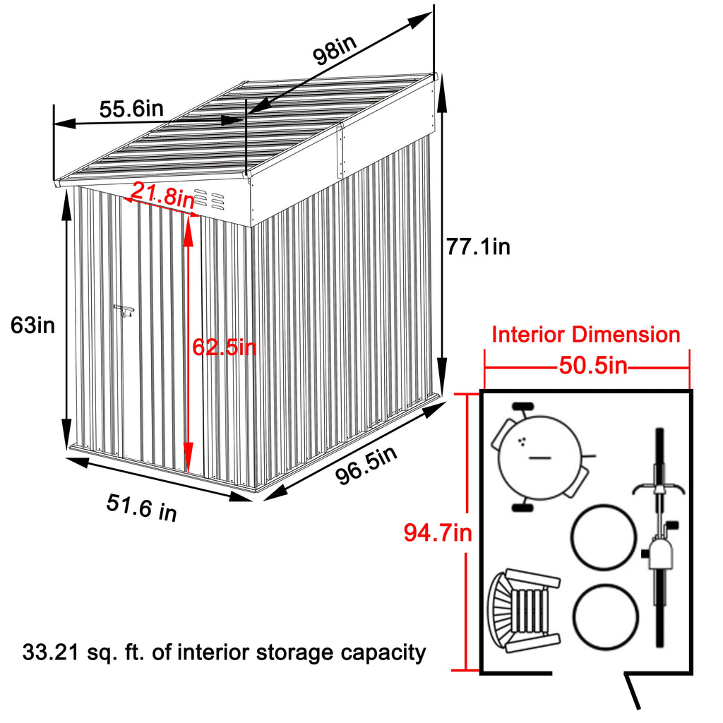 VEIKOUS Outdoor 8' x 4' Storage Lean-to Shed 8' x 4' w/Lockable Sliding Door and Vents for Backyard, Patio & Lawn, Grey