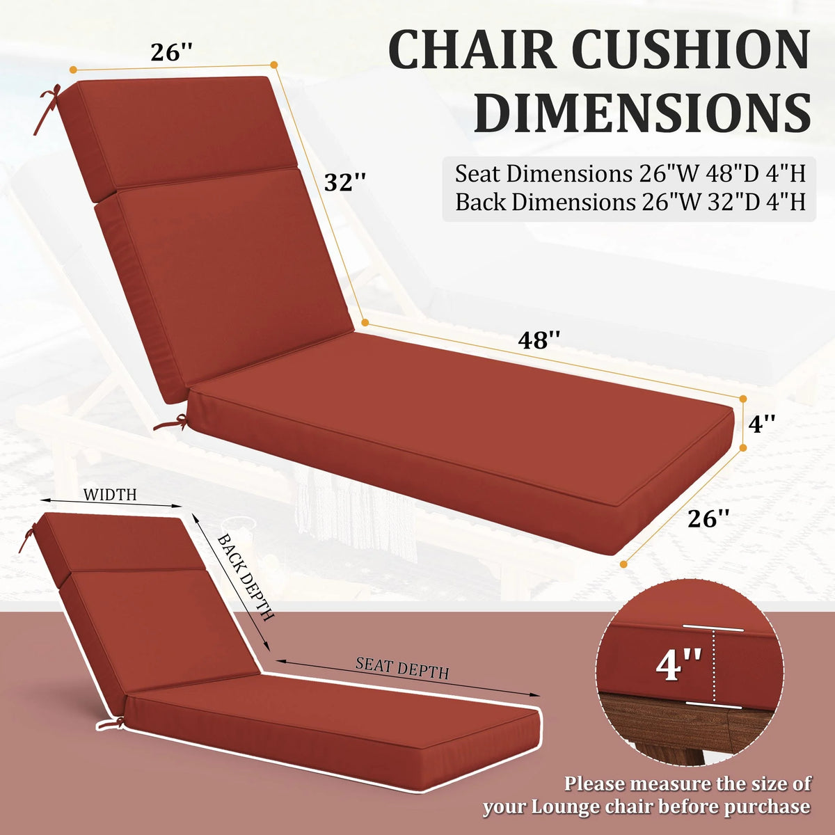 Kimunuk Outdoor Chaise Lounge Cushions set of 2, 80" x 26" x 4" Waterproof Pool Beach Recliner Replacement Cushions with Ties, Navy