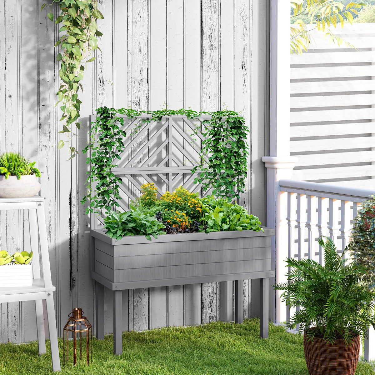 Jardinière surélevée GHooa avec treillis pour plantes grimpantes 104,8 cm L x 45,1 cm P x 139,7 cm H - Gris