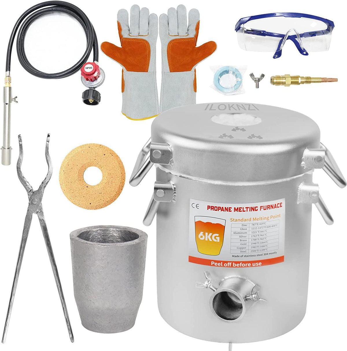 Propane Melting Furnace Kits, 6kg(13LB) Graphite Crucible, Up to 2372��F, Made of Steel Barrel, Smelt Metal,with Goggles and High Temperature Gloves