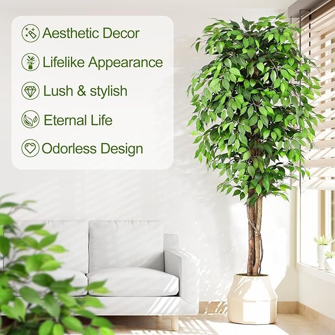 7ft Large Ficus Artificial Trees with Natural Curved Trunks, 84″ Tall Lush Faux Tree for Home Decor Indoor, Green Lifelike Fake Ficus Tree Artificial Plants in Pot（Set of 2）