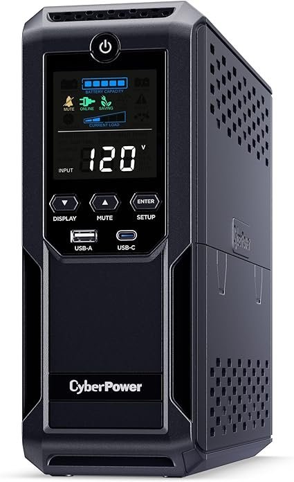 CyberPower CP1500AVRLCD3 Intelligent LCD UPS System, 1500VA/900W, 12 Outlets, 2 USB Ports, AVR, Mini Tower, Black