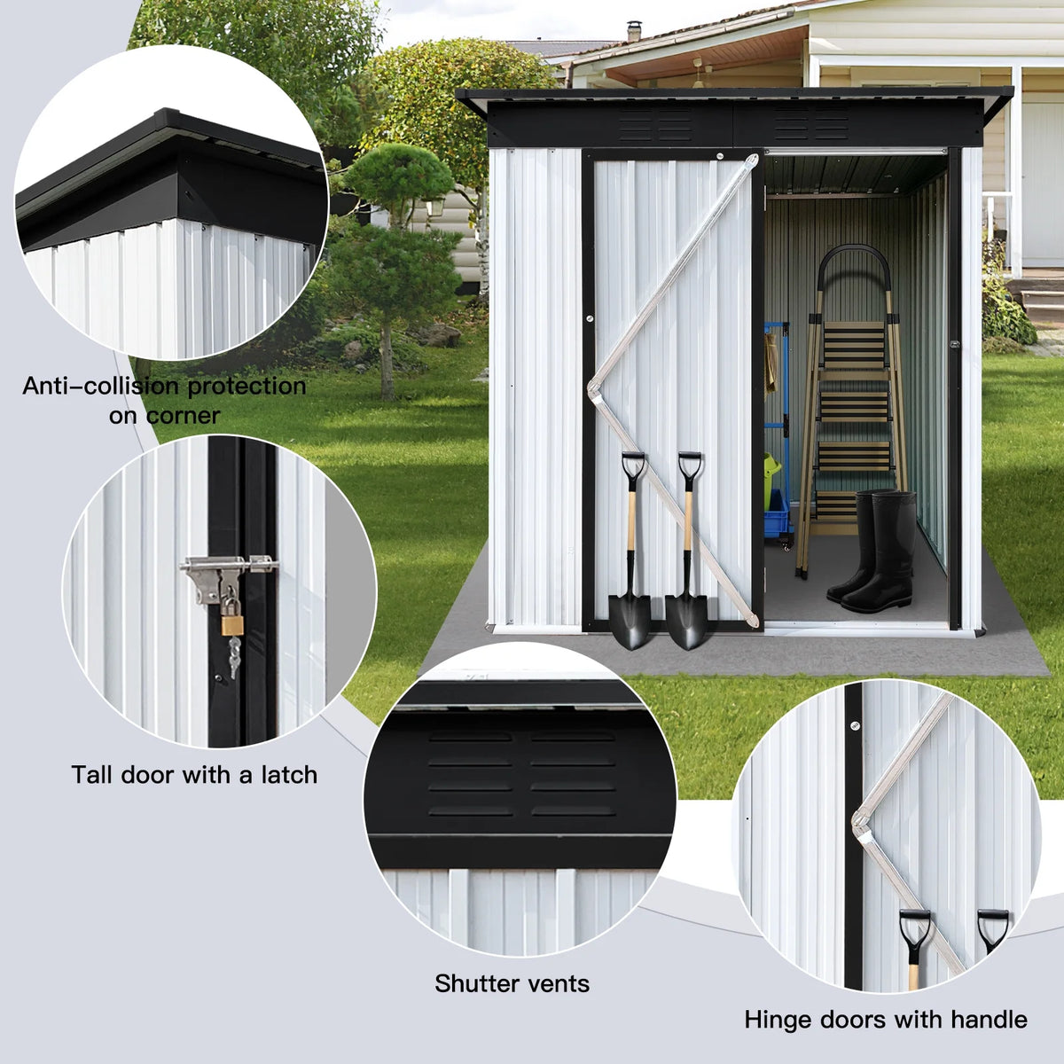 Sesslife Galvanized Steel Outdoor Storage Shed, 5' x 3' x 5.8', White