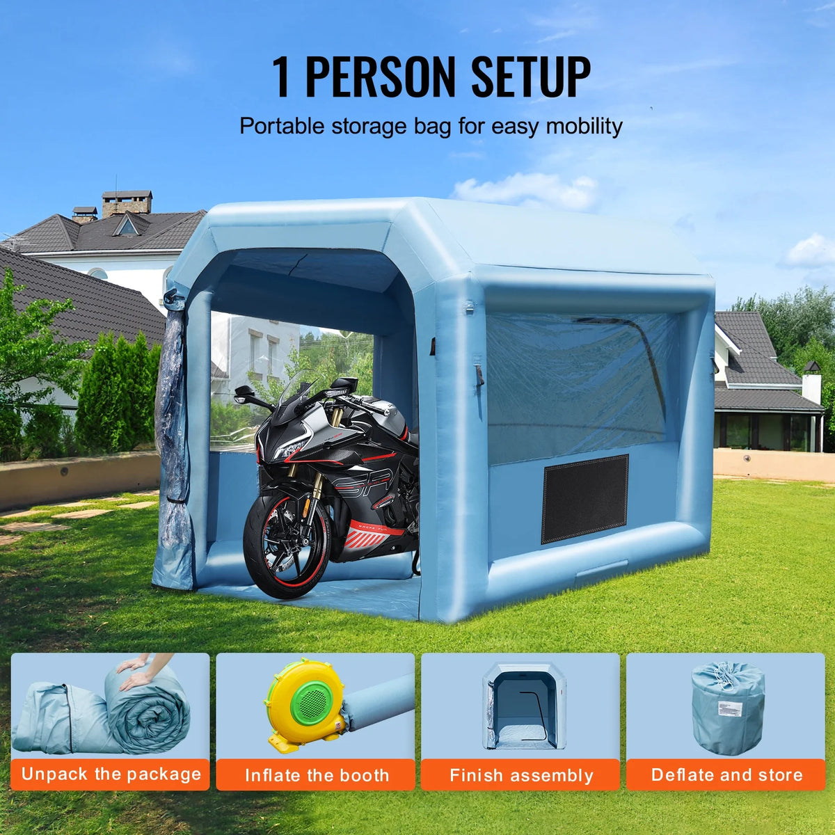 KFFKFF Portable Spray Shelter, 9.8 x 8.2 x 8.2 ft, Includes 550W Blower & Filtration System, Ideal for Motorcycles, Bikes, & Small Furniture