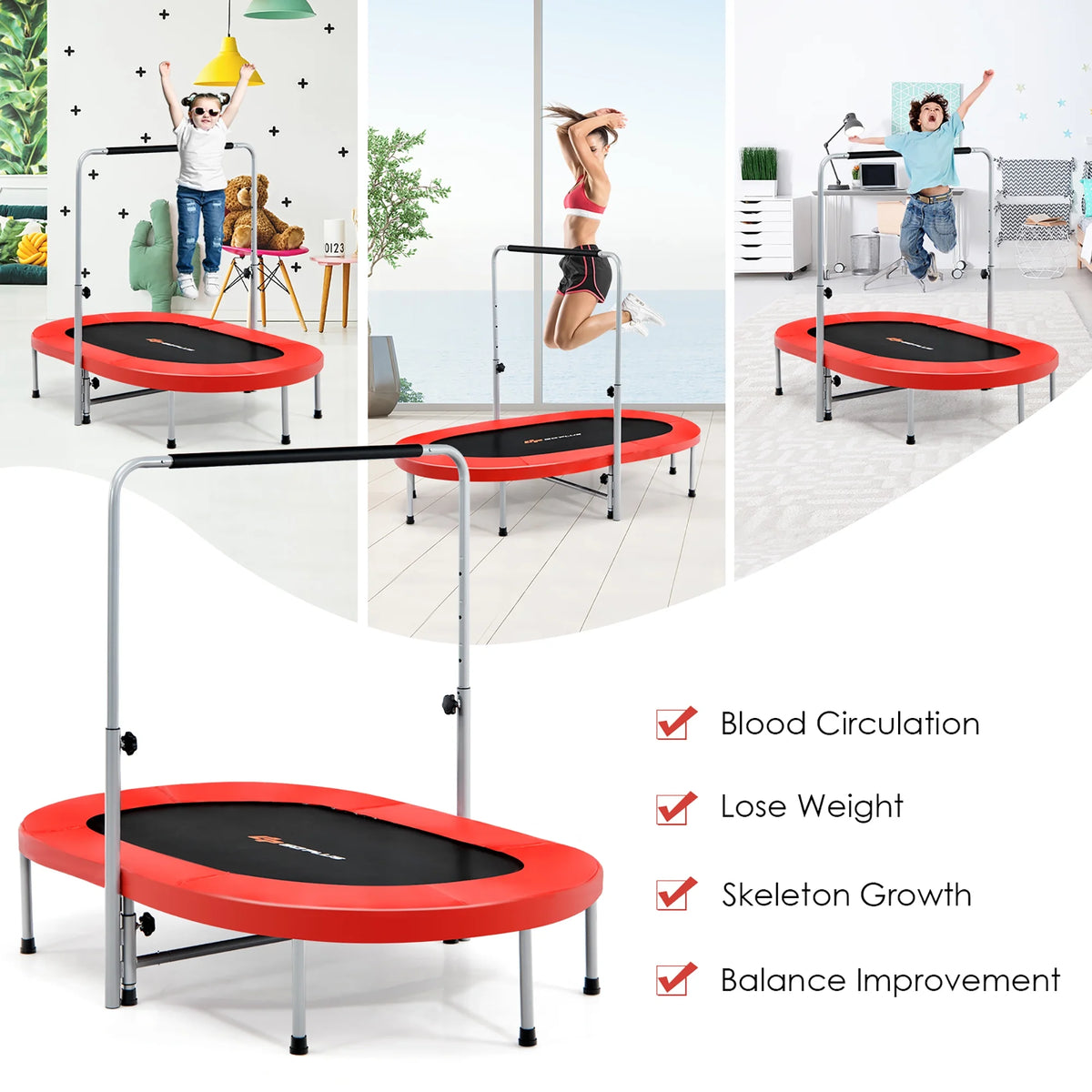 Goplus Adjustable Handrail Foldable Trampoline, Blue, 59.50" x 35.50" x 52.00"