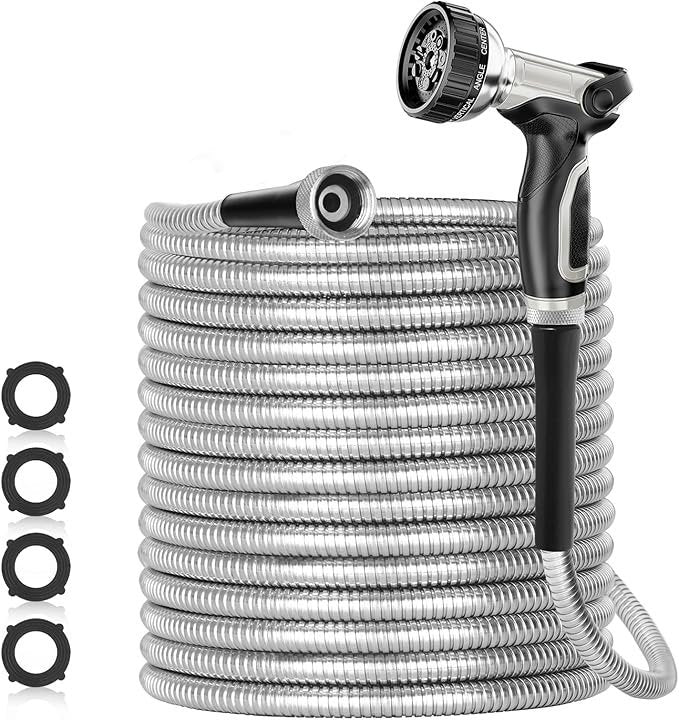 SPECILITE 200ft 304 Stainless Steel Garden Hose Metal, Heavy Duty Water Pipe with Nozzles for Yard, Outdoor – Flexible, Never Kink & Tangle, Puncture Resistant (Sliver)