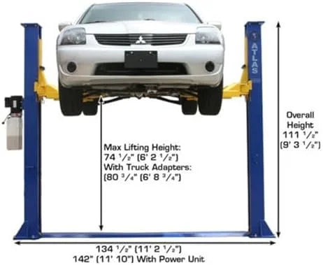 ATLAS Automotive Equipment 9KBPX 2-Post Lift/Hoist, Baseplate Style, 9'6″ Minimum Ceiling Height, 9,000lb Capacity, Symmetric Arms, Dual Hydraulic Chain Drives Cylinders, for Low Ceiling Home Use