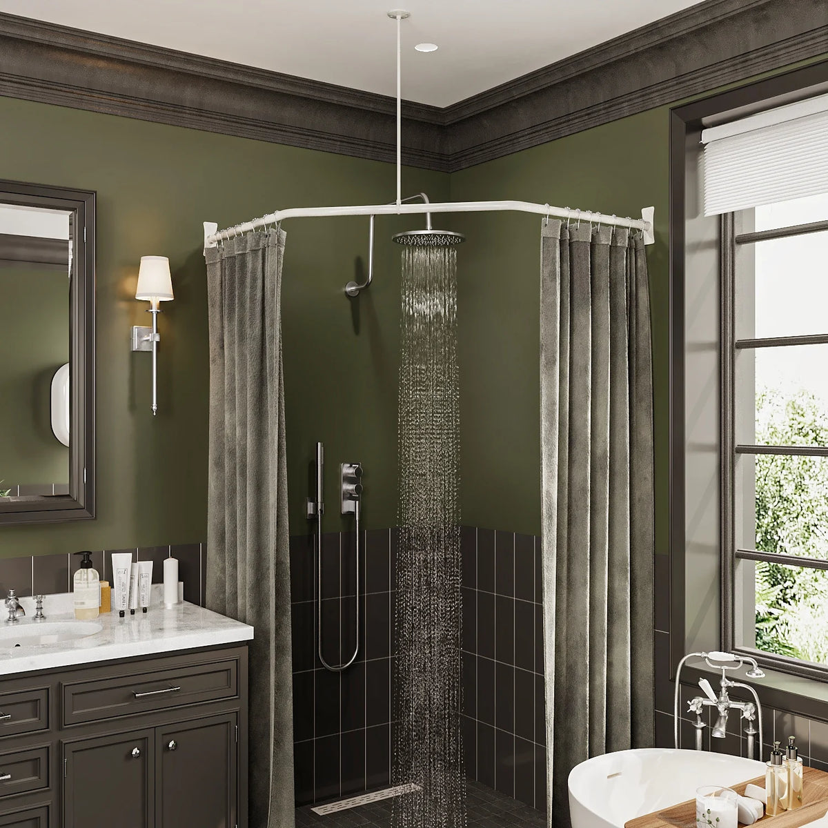 Naiture Stainless Steel 18-1/2" X 26" X 18-1/2" Neo-Angle Shower Curtain Rod with Ceiling Support, Brushed Nickel Finish