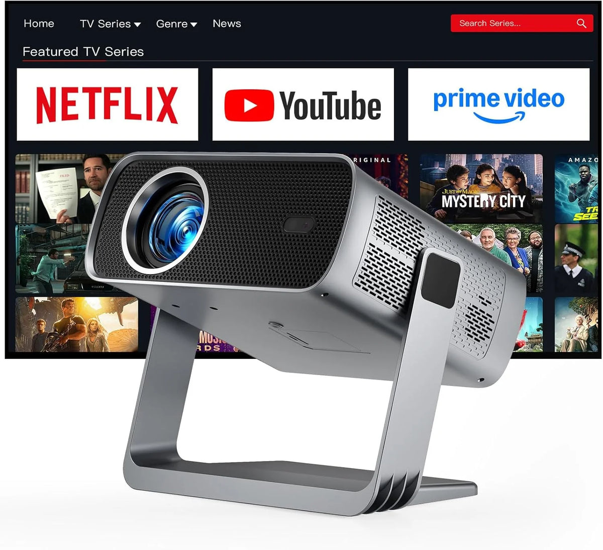 Officially-Licensed App & Auto FocusWhite Smart Mini Projector with WiFi and Bluetooth